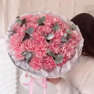 Букет из розовых диантусов и эвкалипта (21 шт)