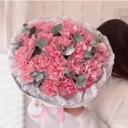 Букет из розовых диантусов и эвкалипта (21 шт)